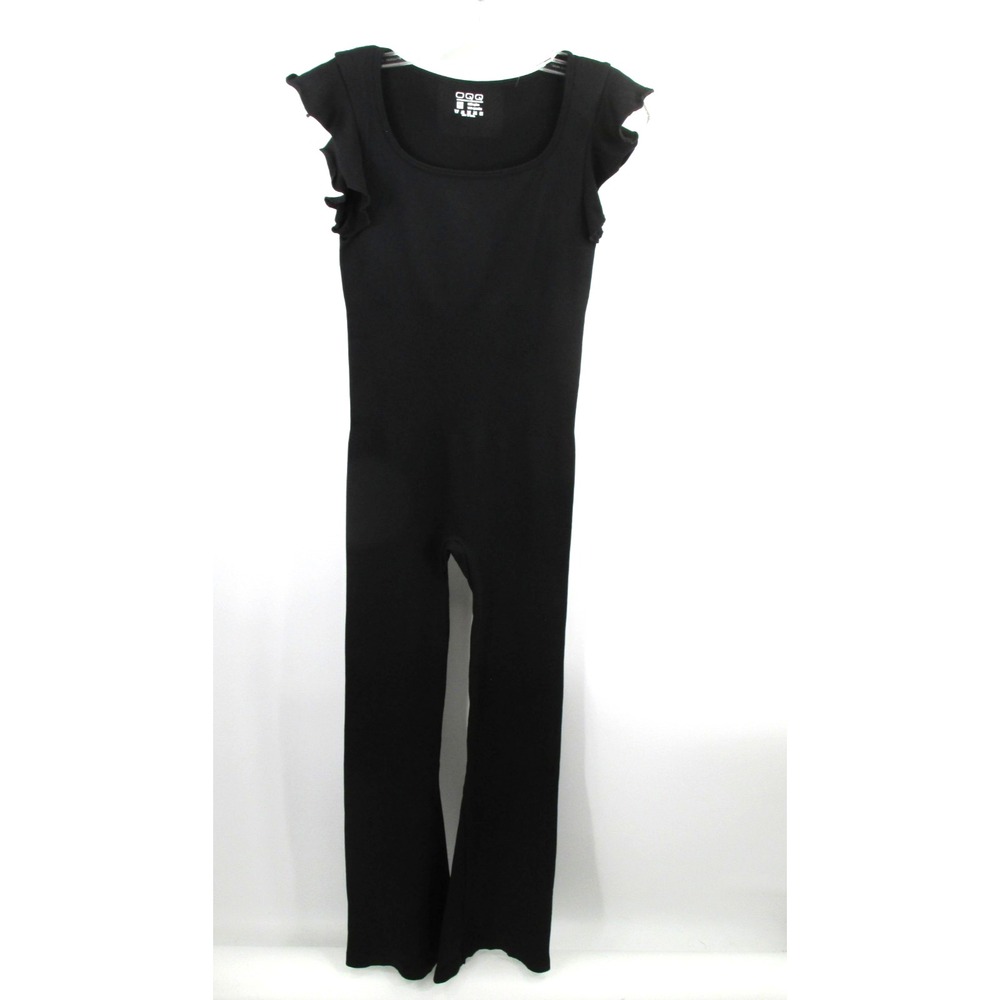 OQQ Athletic Bodysuit Women M Black Ribbed Bodycon Stretch Yoga Flare Leg